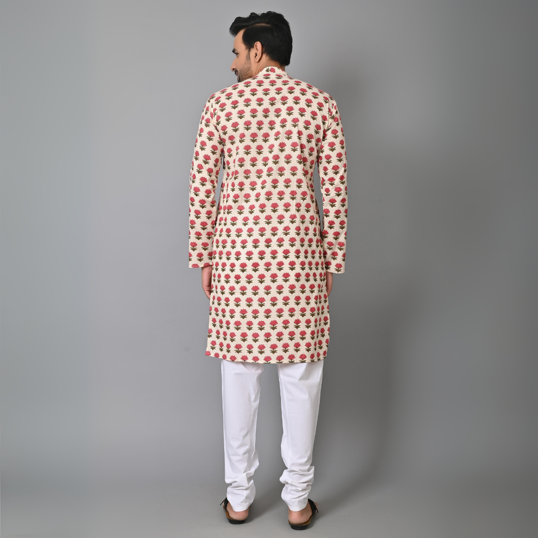 Off White Petal HandBlock Printed Long Kurta