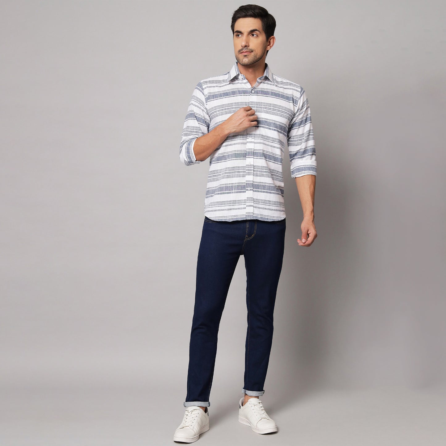 Grey Horizontal Striped Shirt – Cotton & Linen Blend | Koash by Nidhi Collection