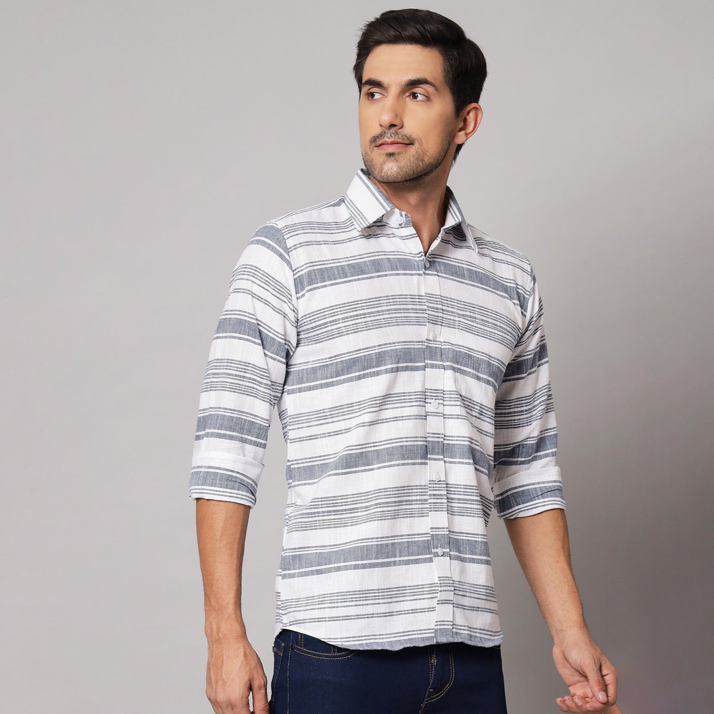 Grey Horizontal Striped Shirt – Cotton & Linen Blend | Koash by Nidhi Collection