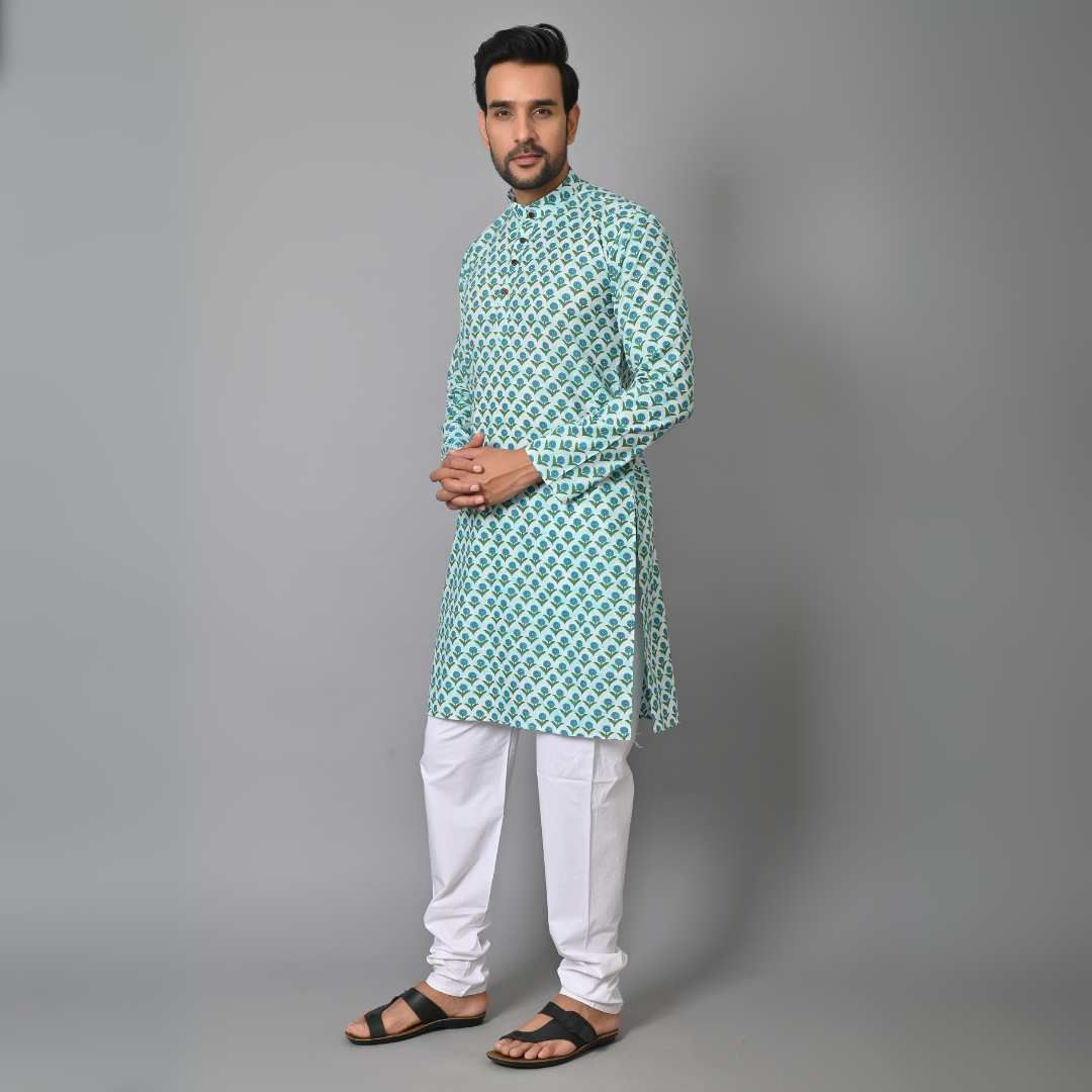 Blue Flower Printed Long Kurta