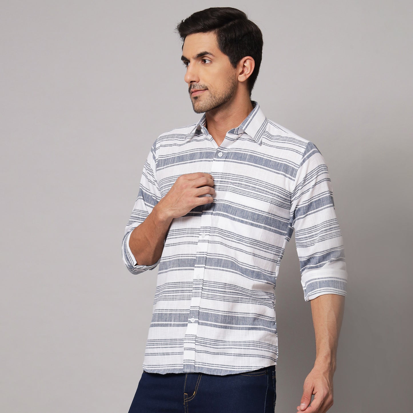 Grey Horizontal Striped Shirt – Cotton & Linen Blend | Koash by Nidhi Collection