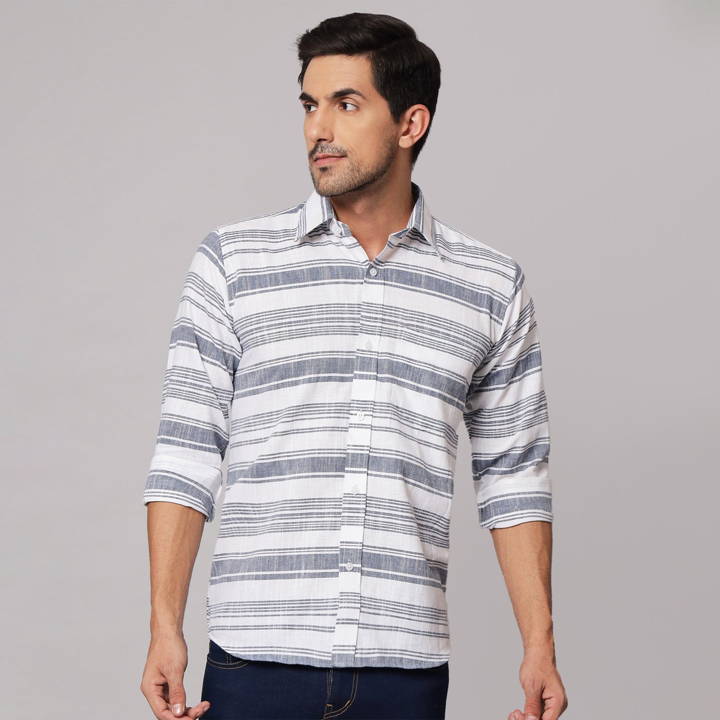 Grey Horizontal Striped Shirt – Cotton & Linen Blend | Koash by Nidhi Collection