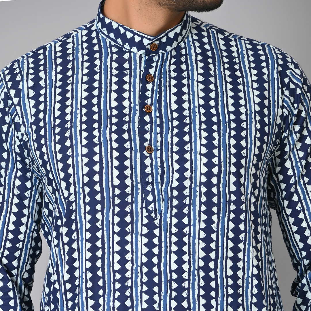 Indigo Blue Stripes Printed Long Kurta