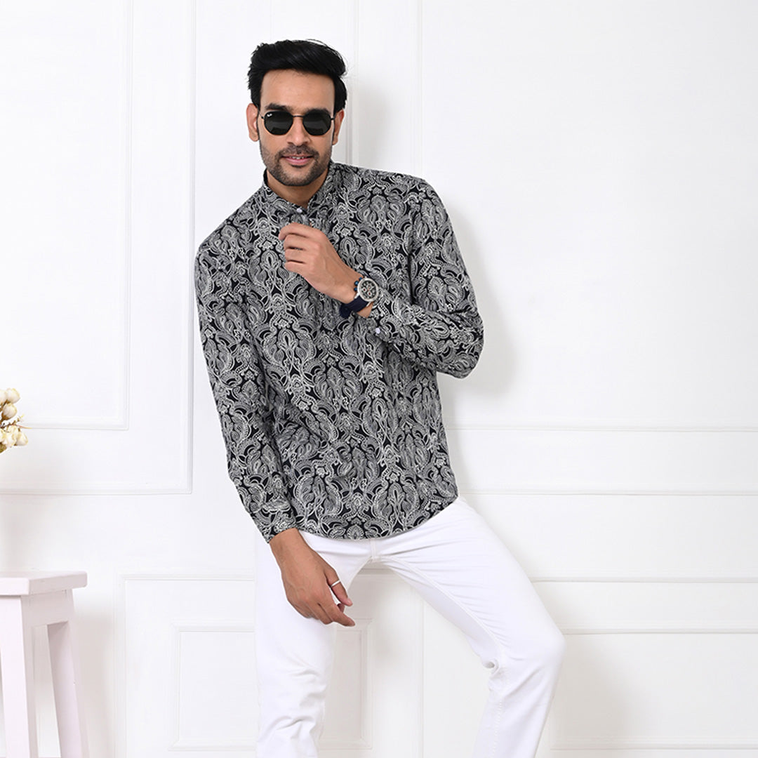 Black and White Paisley Short Kurta