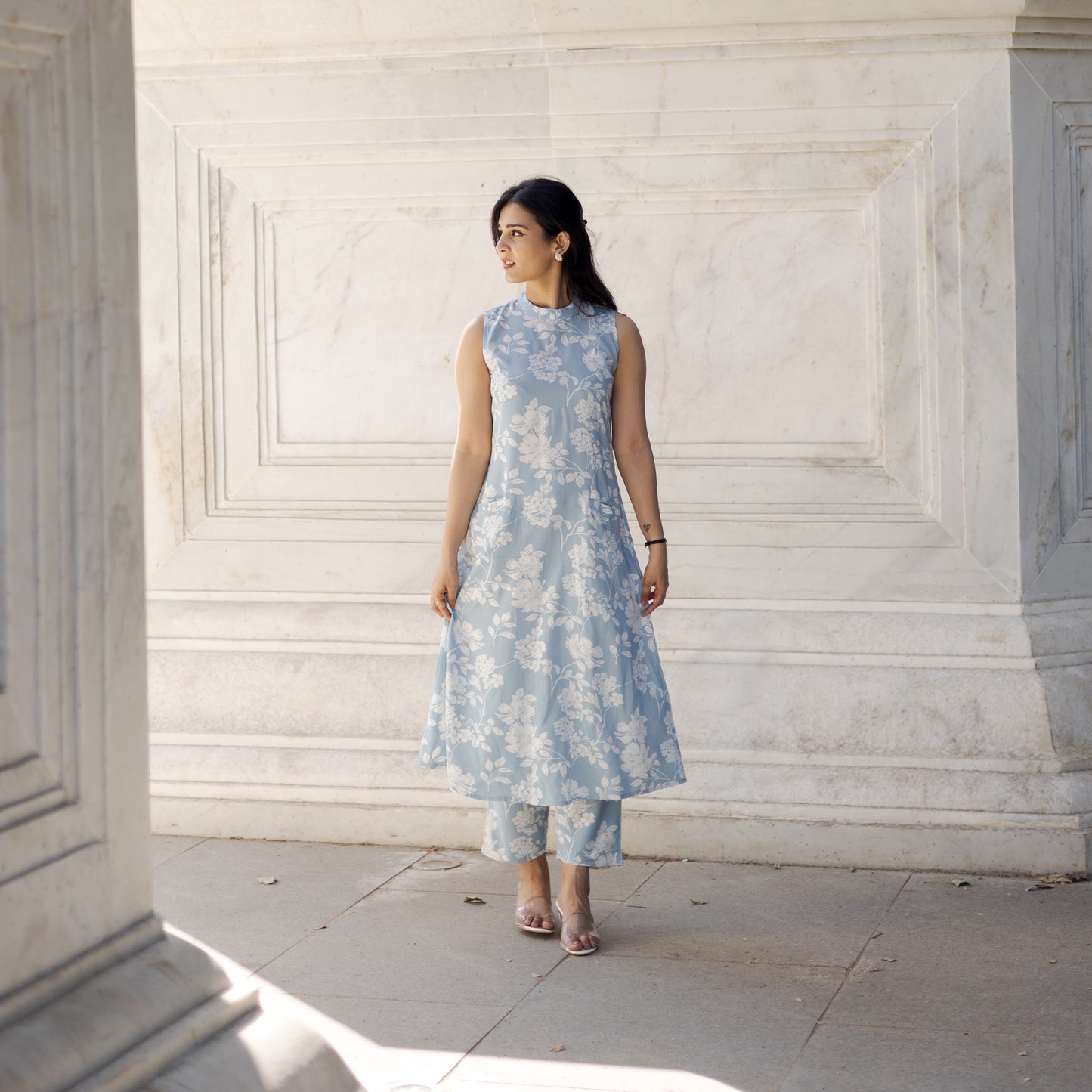 Blue Floral Elegance Cotton Rayon Co-ord Set – 2-in-1 Wear with Attachable Sleeves
