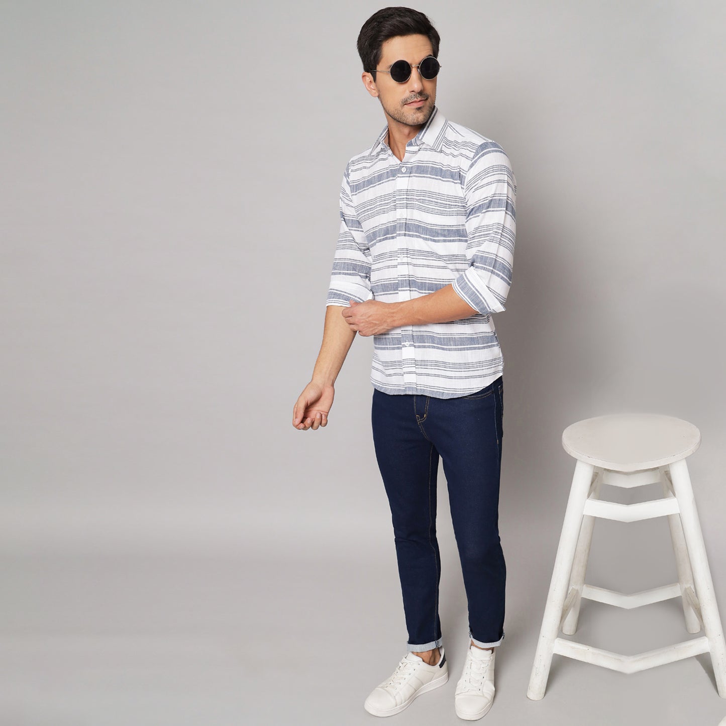 Grey Horizontal Striped Shirt – Cotton & Linen Blend | Koash by Nidhi Collection