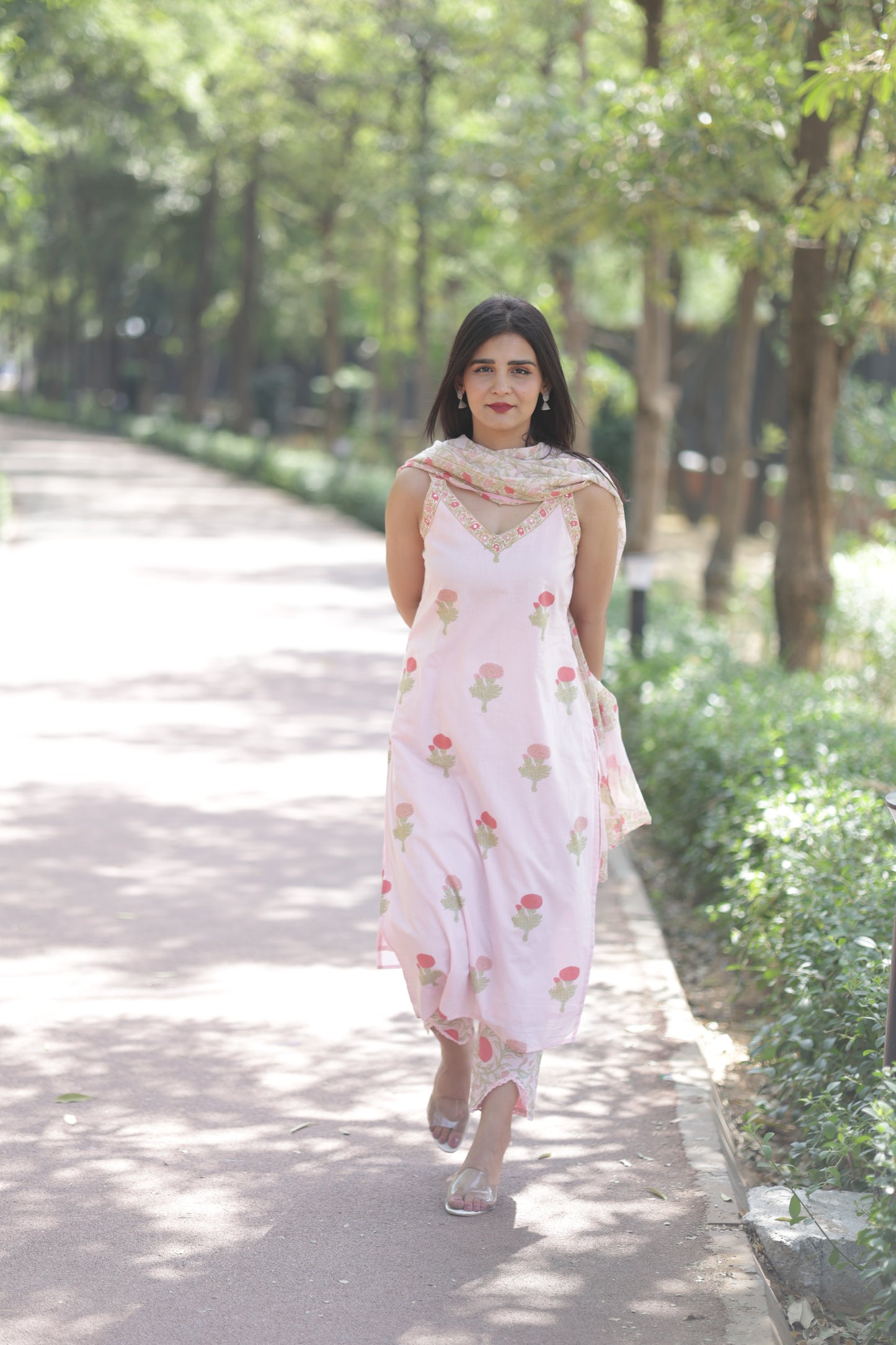 Pink Floral Kurta Set with Fishcut Bottom and Soft Mulmul Dupatta