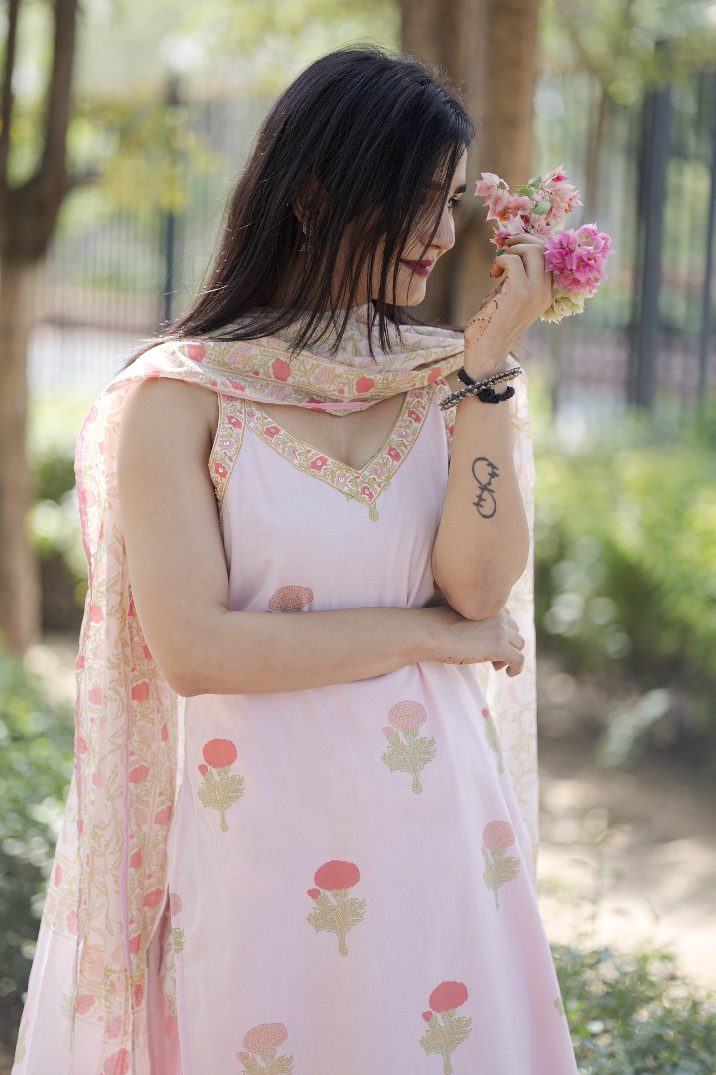 Pink Floral Kurta Set with Fishcut Bottom and Soft Mulmul Dupatta