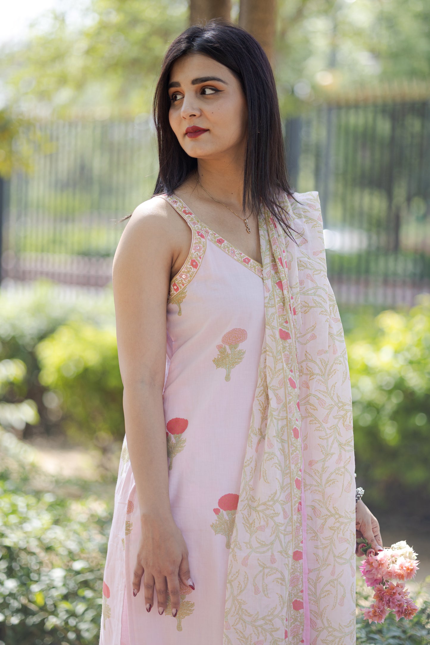 Pink Floral Kurta Set with Fishcut Bottom and Soft Mulmul Dupatta