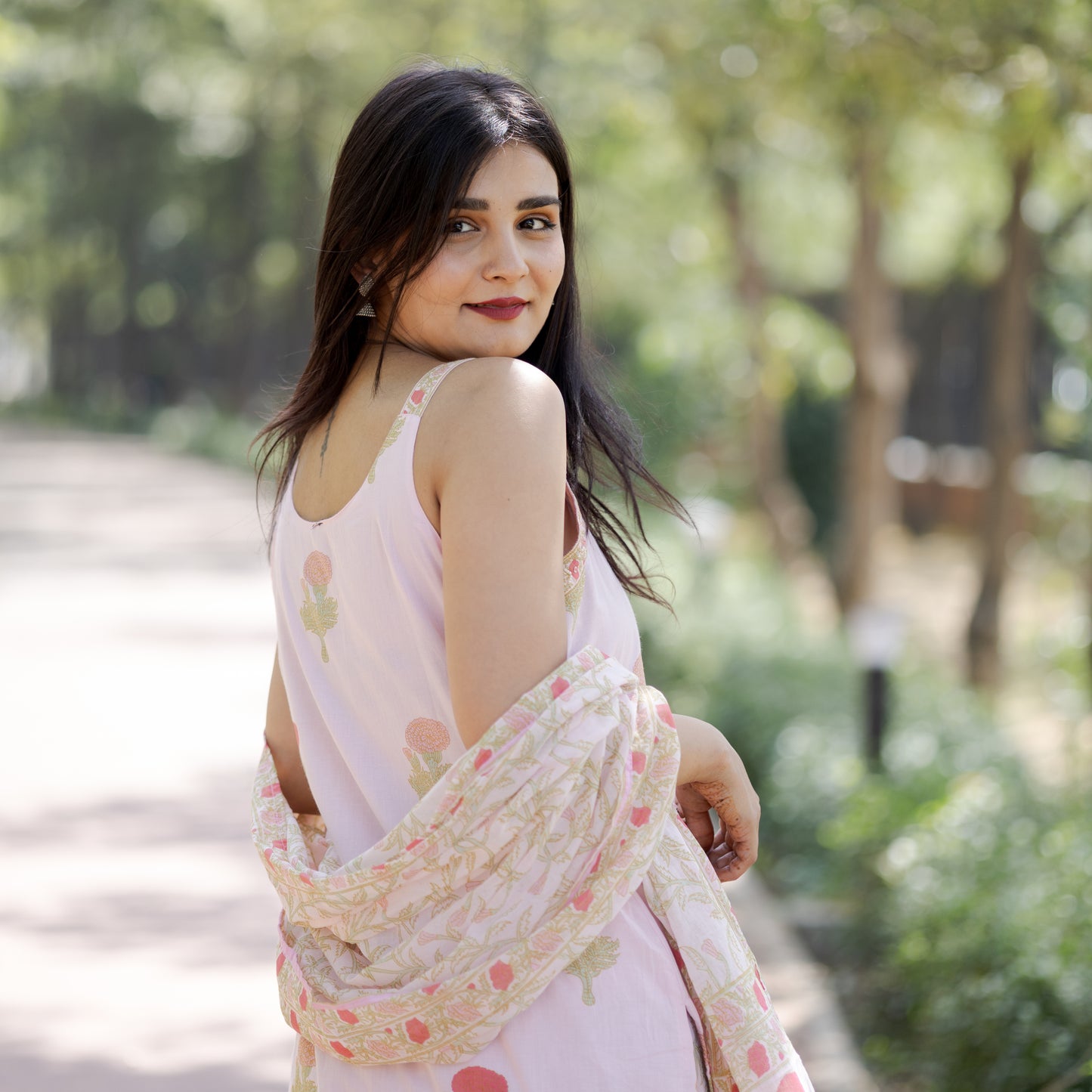 Pink Floral Kurta Set with Fishcut Bottom and Soft Mulmul Dupatta