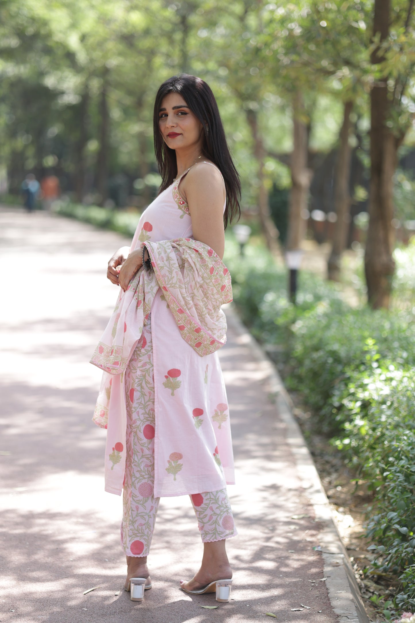 Pink Floral Kurta Set with Fishcut Bottom and Soft Mulmul Dupatta