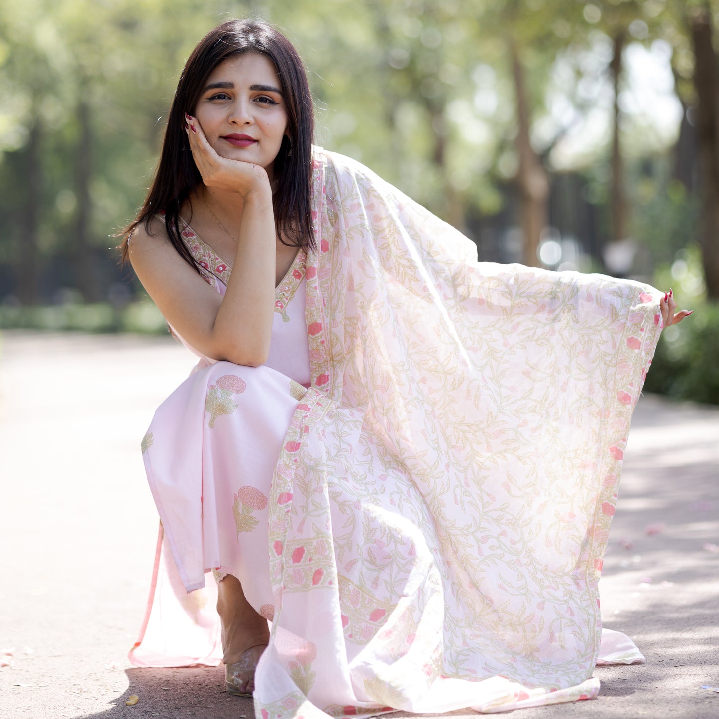 Pink Floral Kurta Set with Fishcut Bottom and Soft Mulmul Dupatta