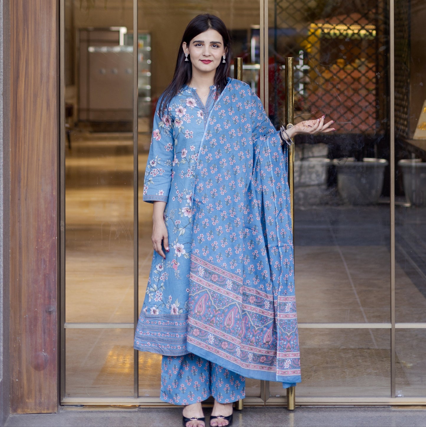 Ethnic Floral Blue Printed Suit