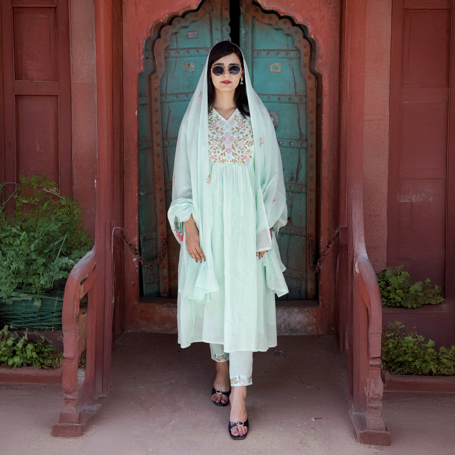Mint Green Embroidered Anarkali Suit Set