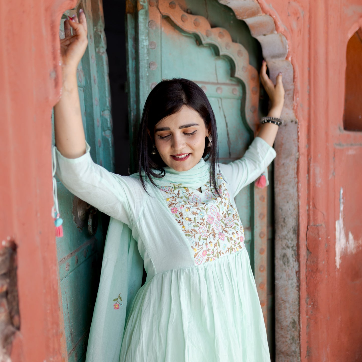 Mint Green Embroidered Anarkali Suit Set