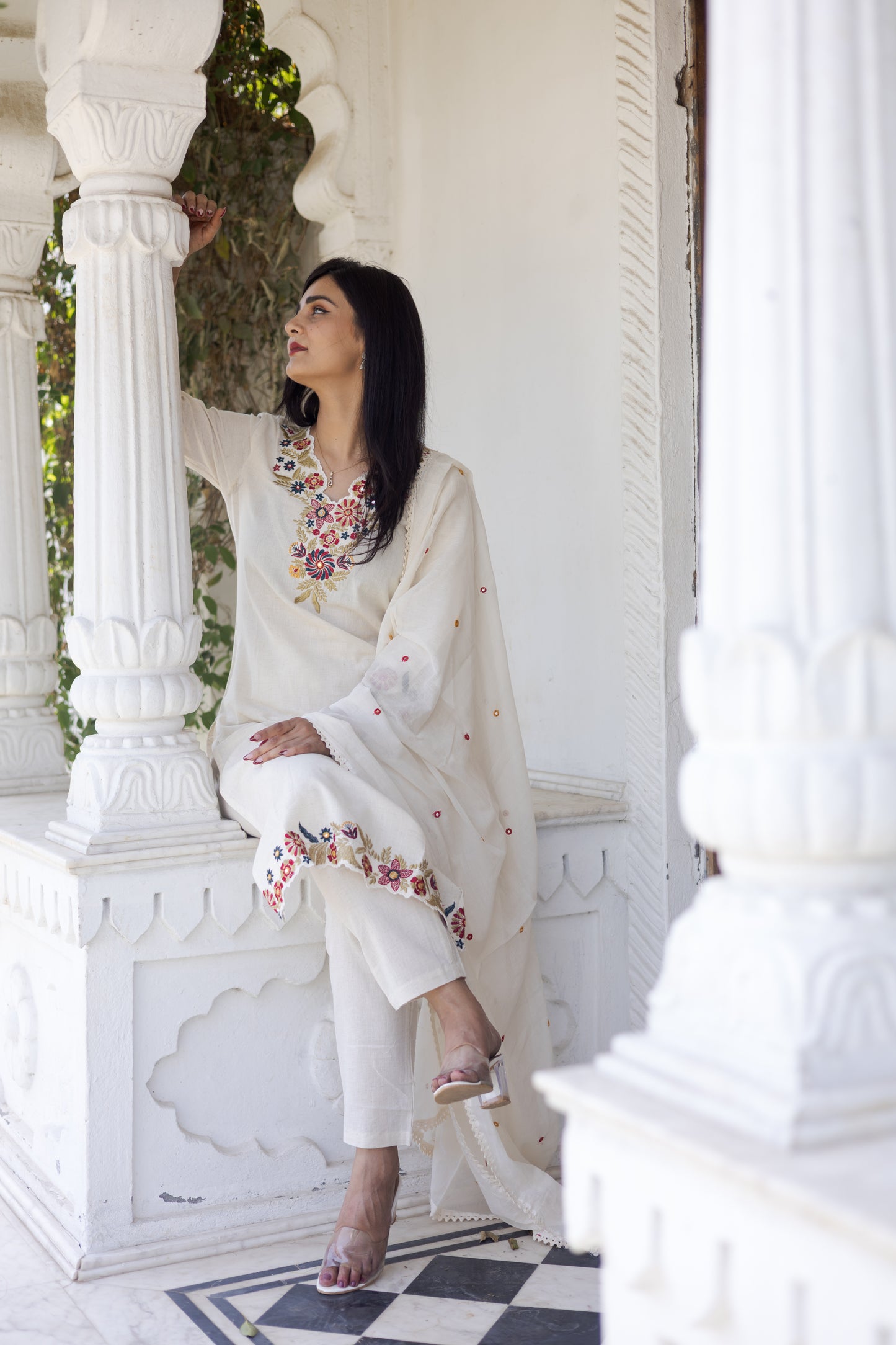 Off-White Embroidered Ethnic Suit
