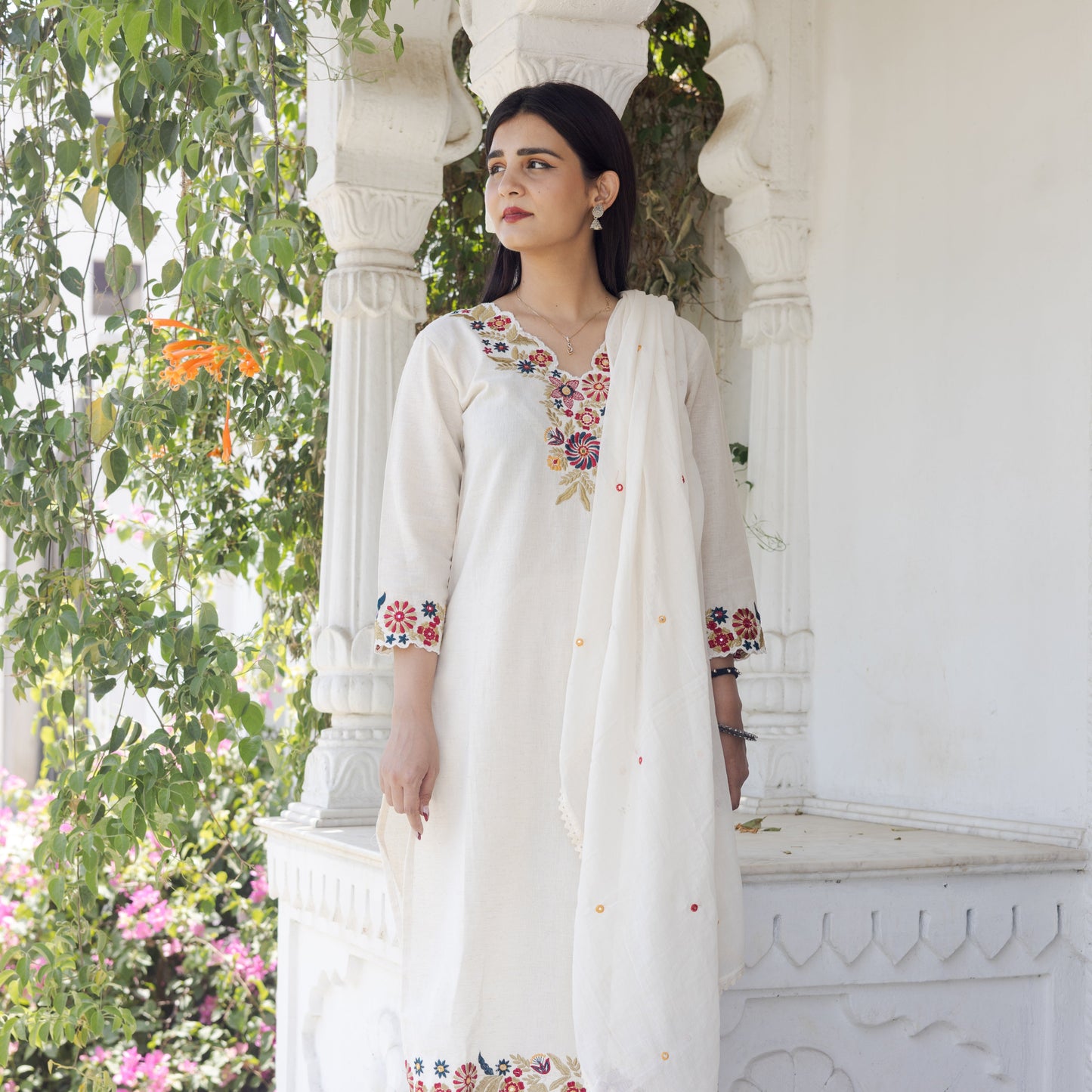 Off-White Embroidered Ethnic Suit