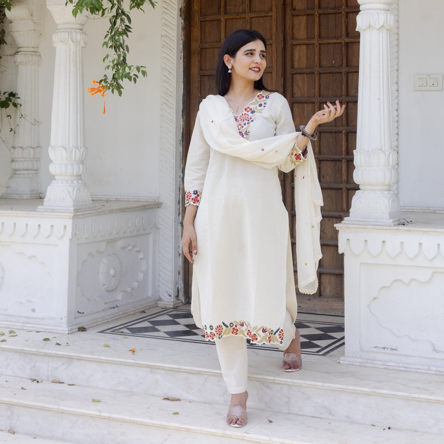 Off-White Embroidered Ethnic Suit