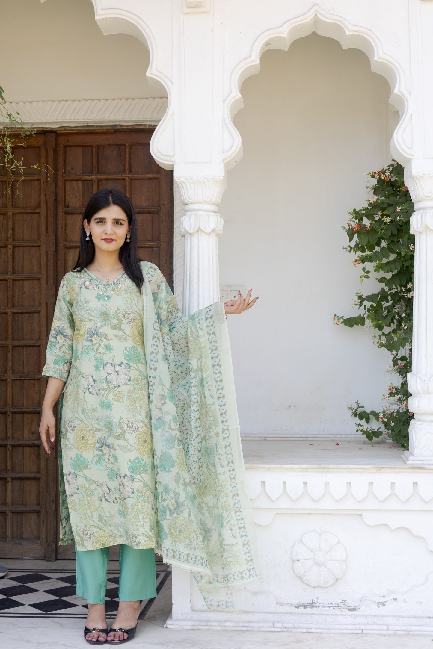 Pista Floral Muslin Suit with Organza Dupatta