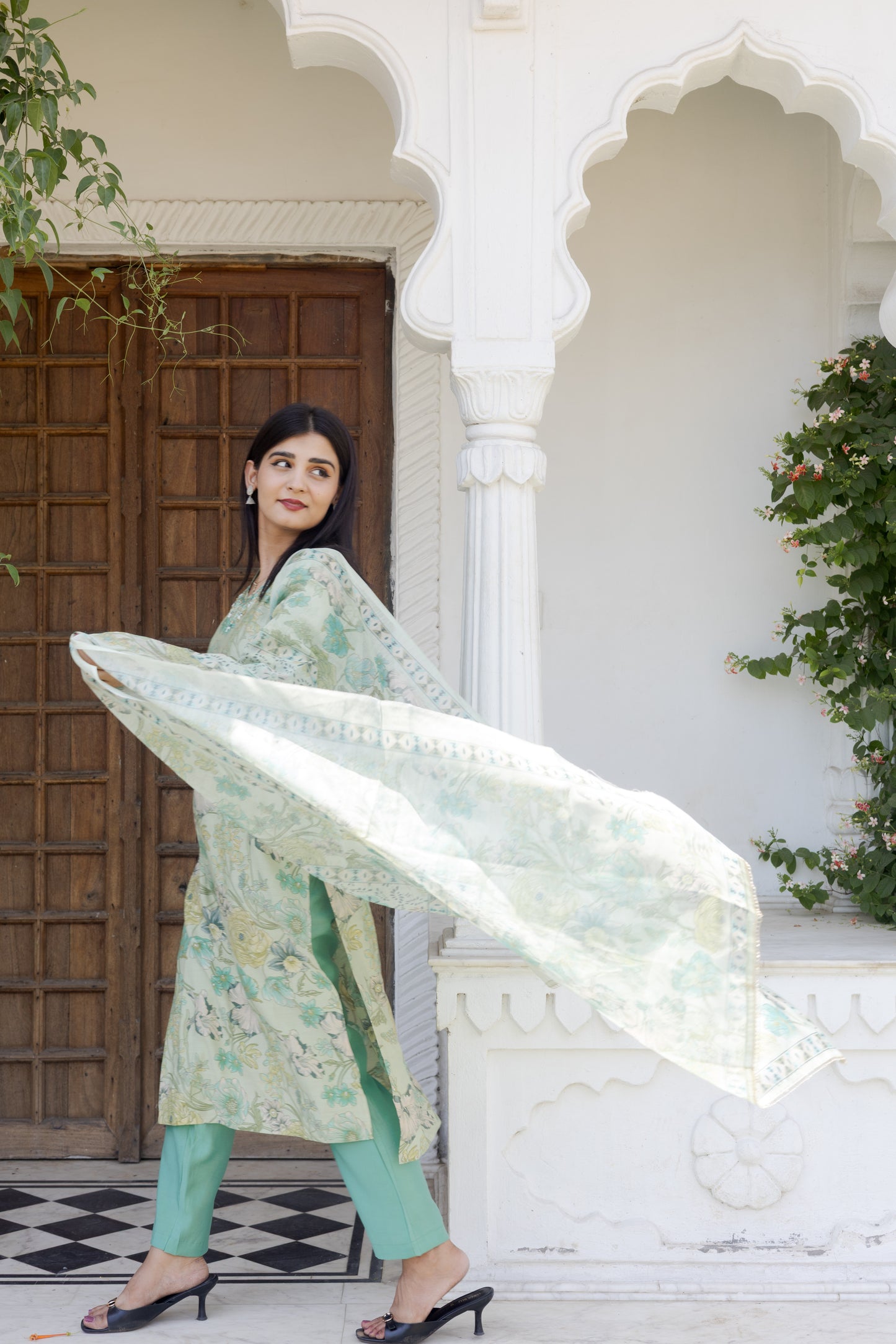 Pista Floral Muslin Suit with Organza Dupatta