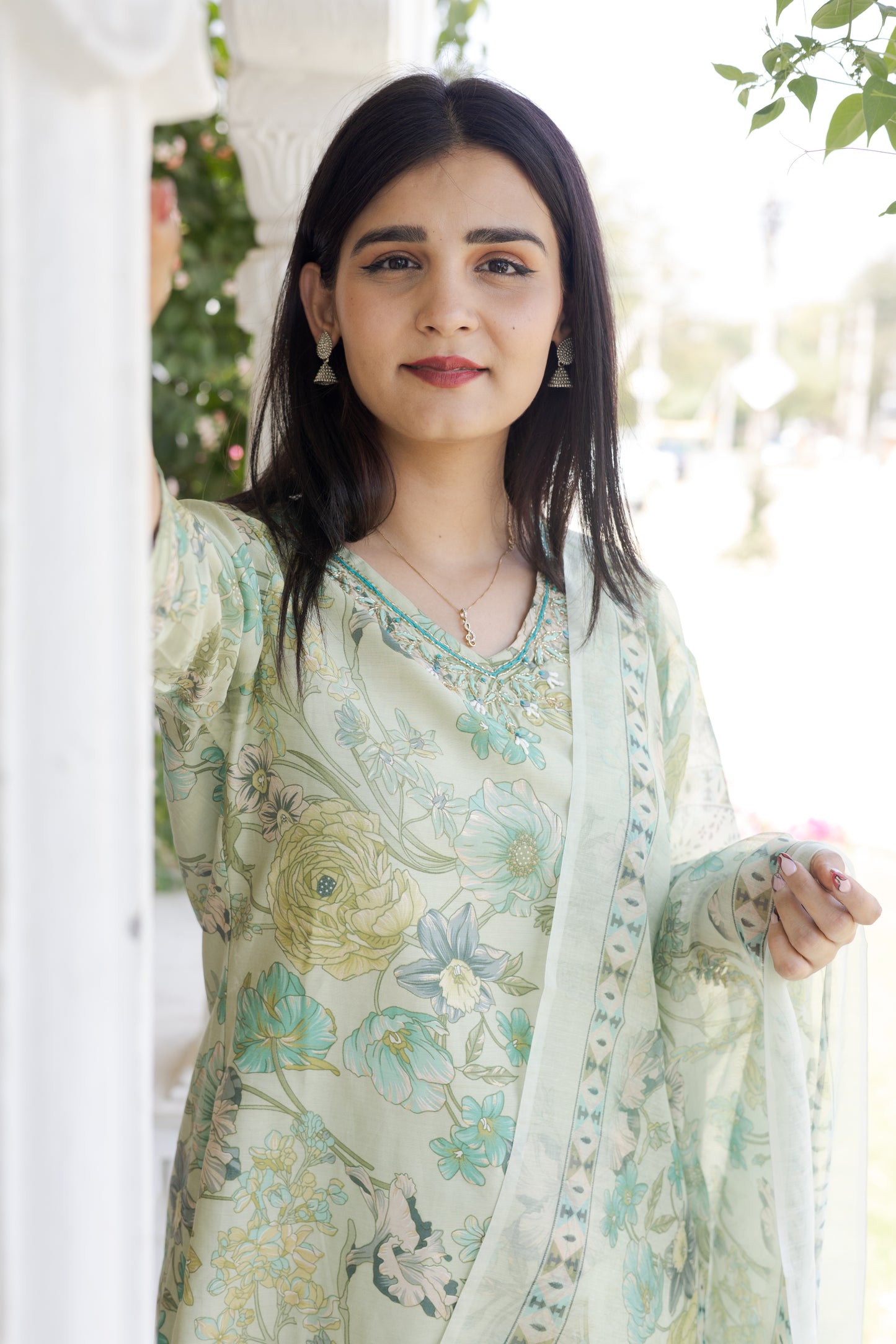 Pista Floral Muslin Suit with Organza Dupatta