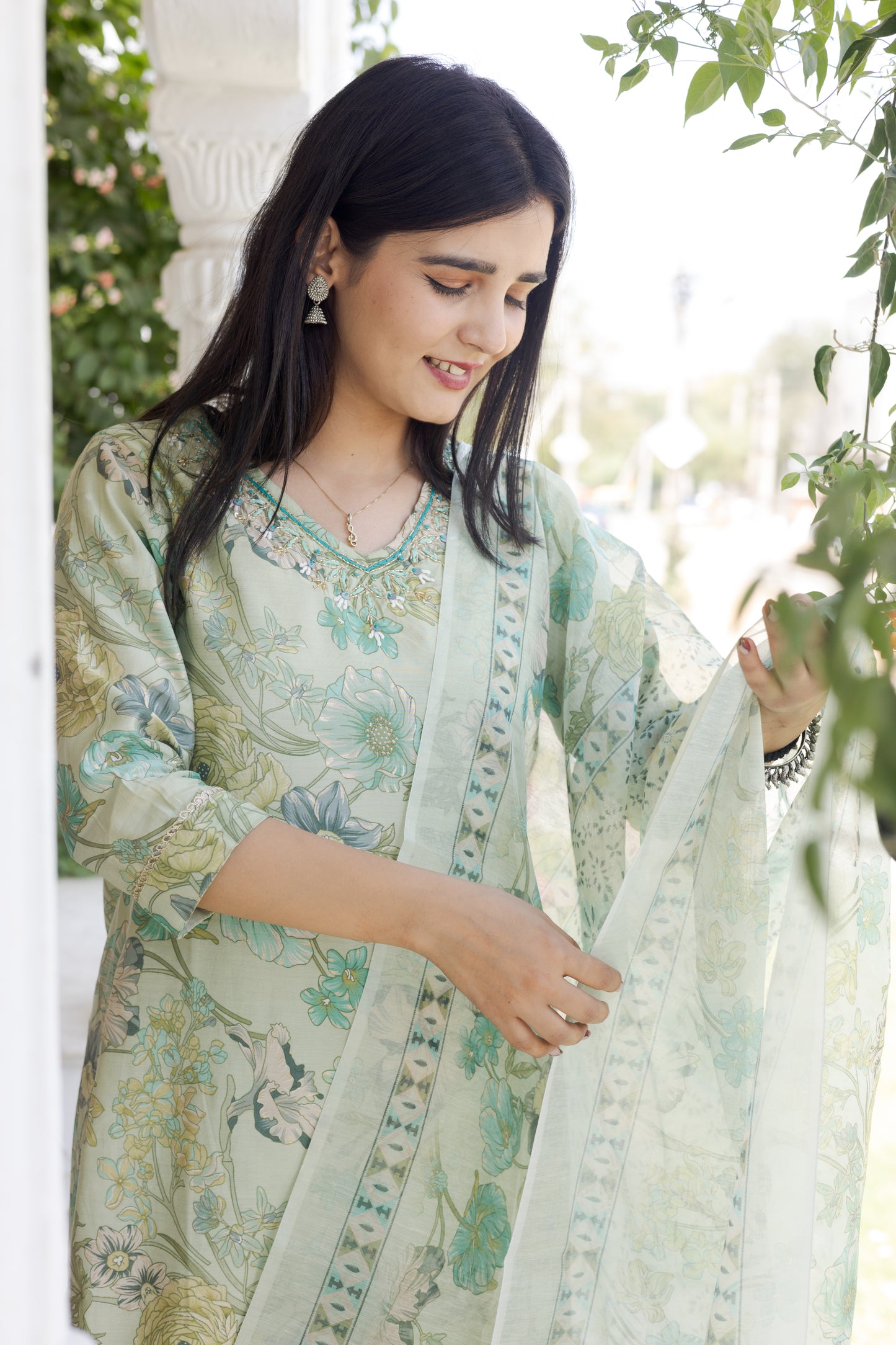 Pista Floral Muslin Suit with Organza Dupatta