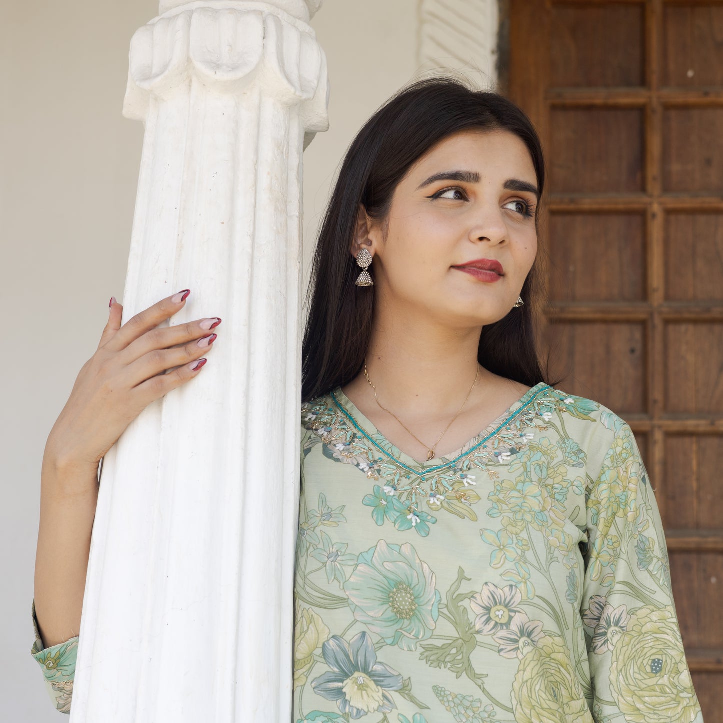 Pista Floral Muslin Suit with Organza Dupatta