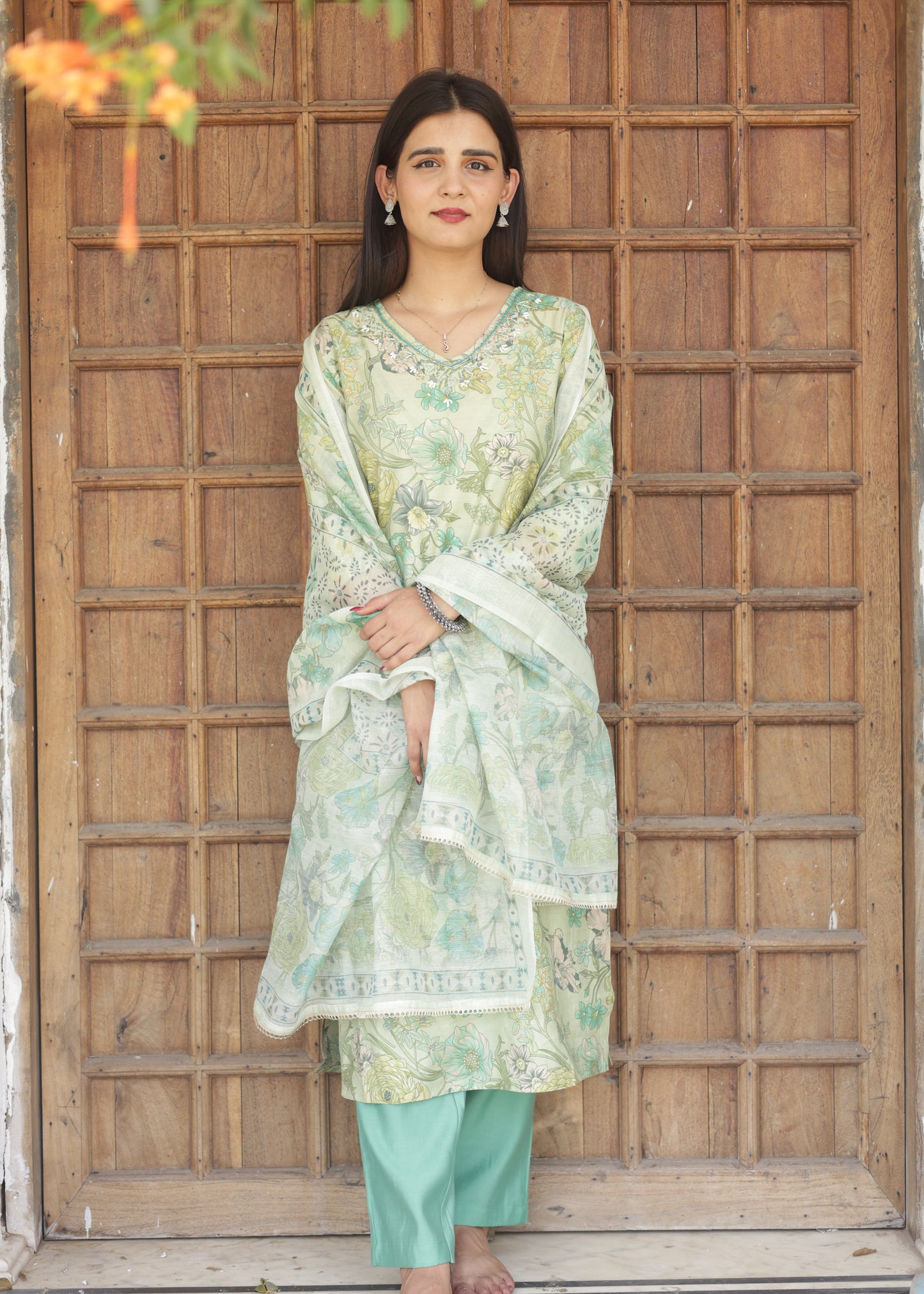 Pista Floral Muslin Suit with Organza Dupatta