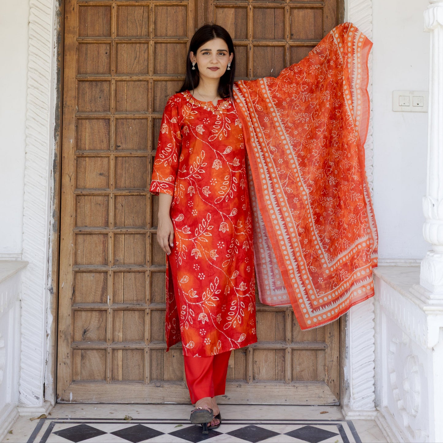 Red-Orange Bandhani-Inspired Kurta Set