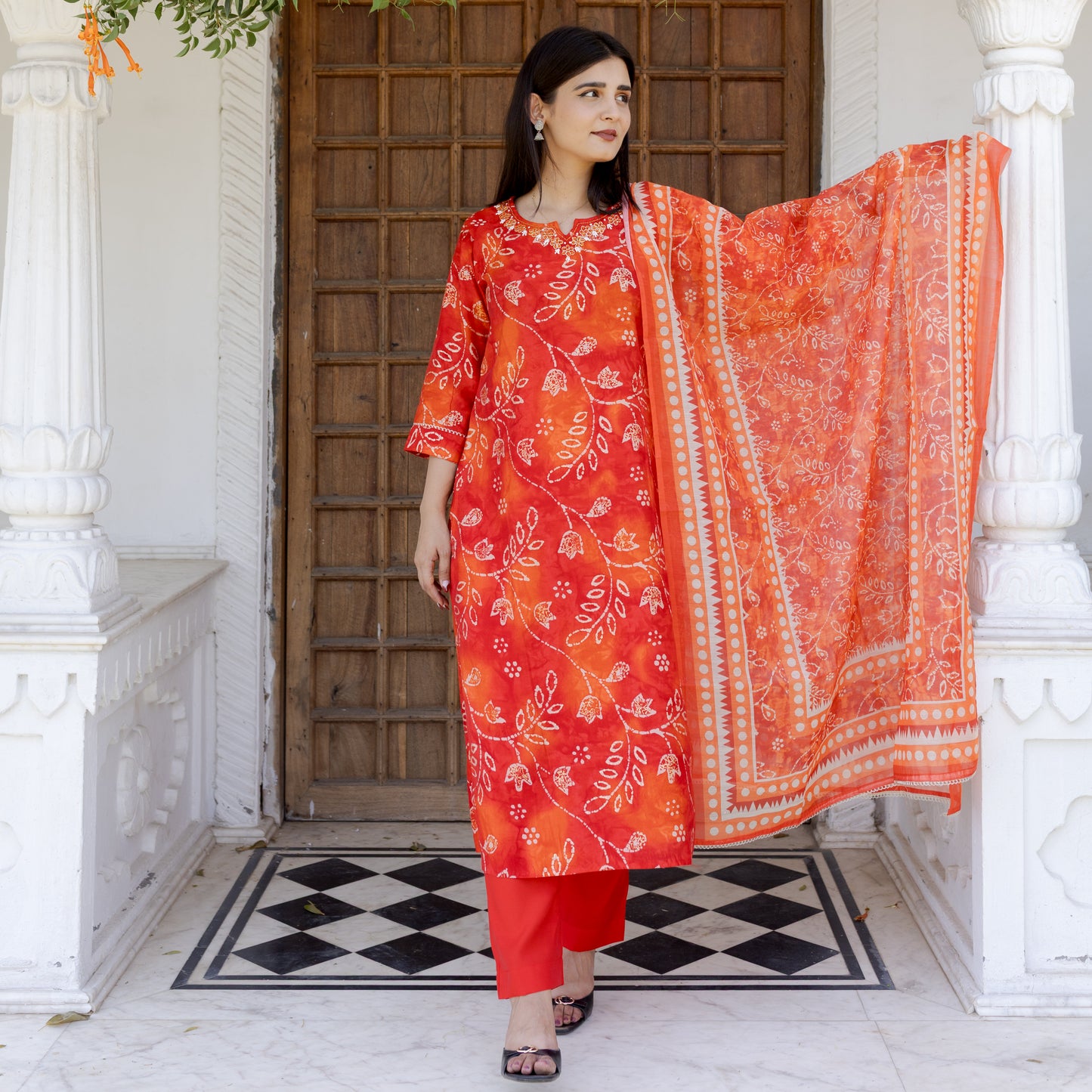 Red-Orange Bandhani-Inspired Kurta Set