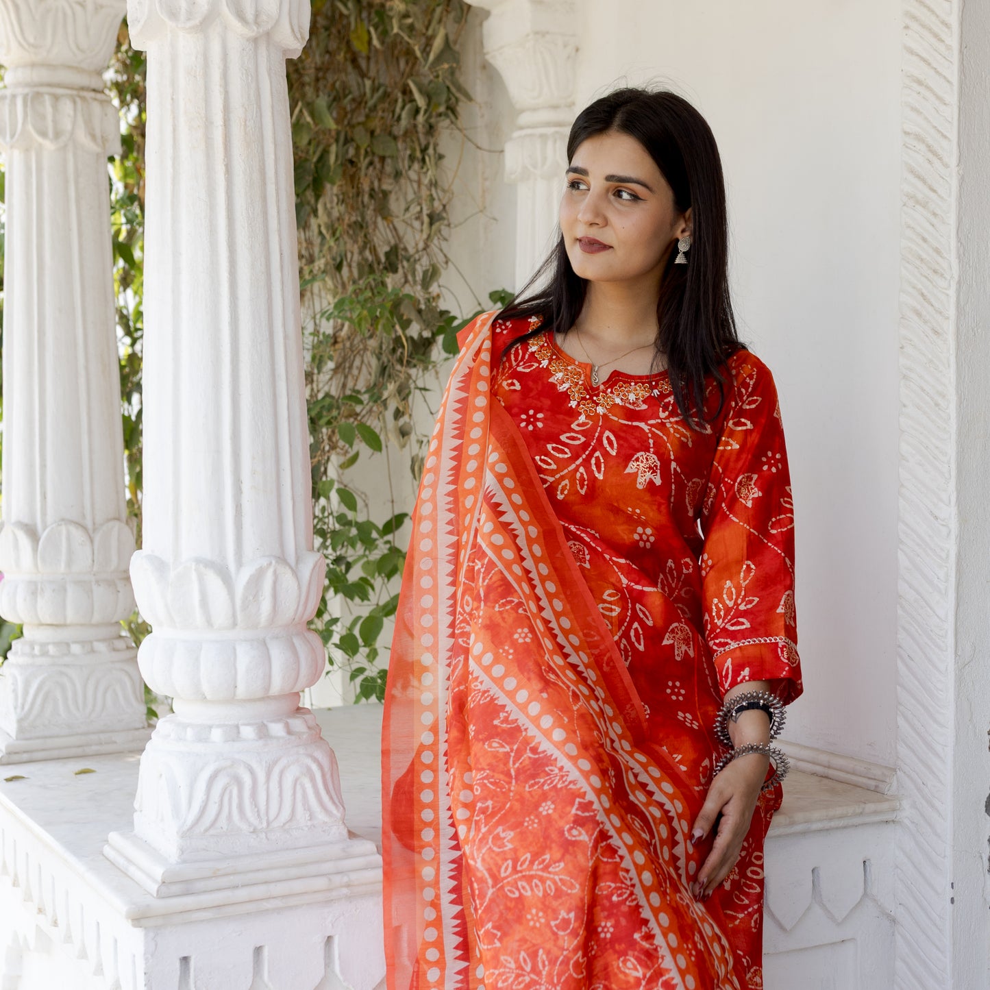 Red-Orange Bandhani-Inspired Kurta Set