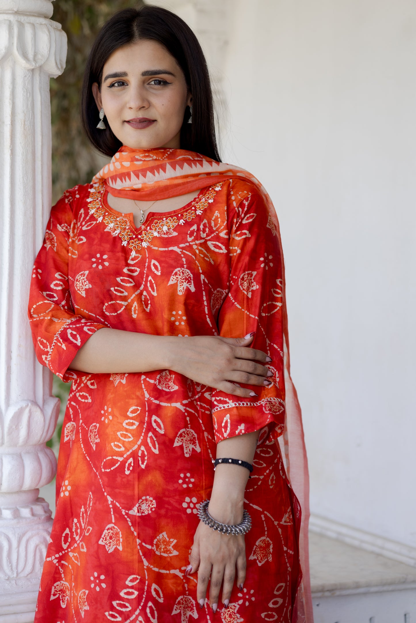 Red-Orange Bandhani-Inspired Kurta Set