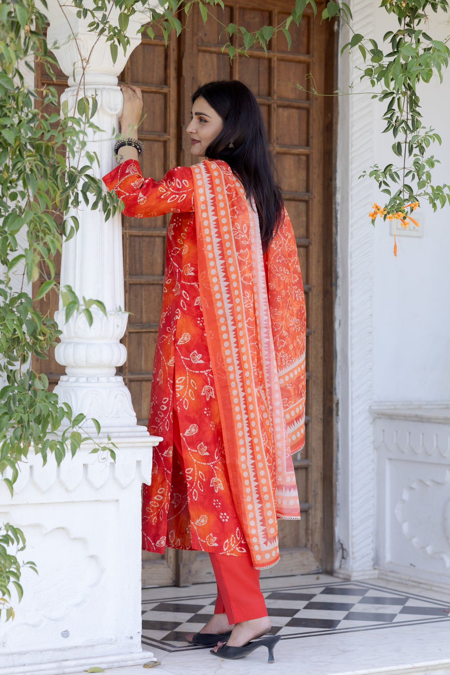 Red-Orange Bandhani-Inspired Kurta Set
