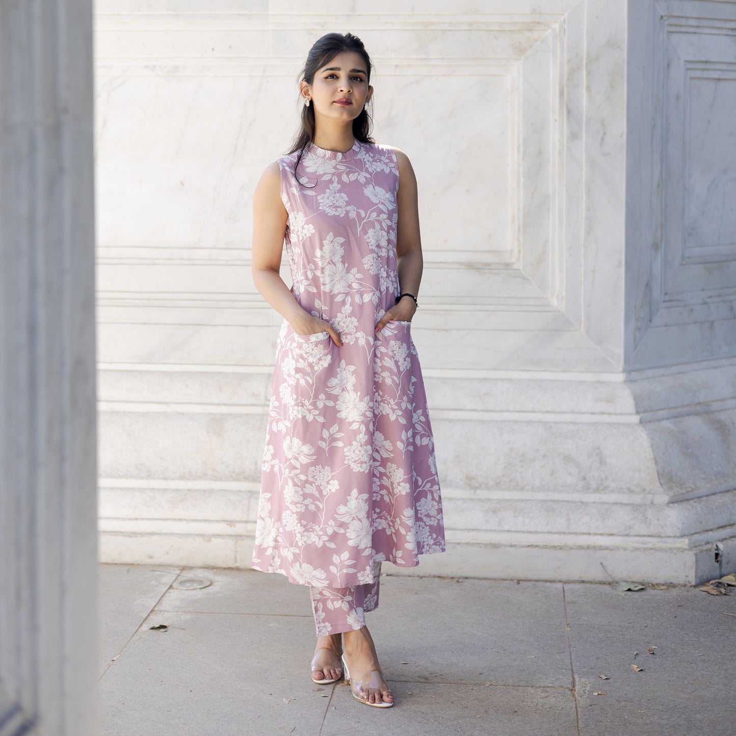 Pink Floral Elegance Cotton Rayon Co-ord Set – 2-in-1 Wear with Attachable Sleeves