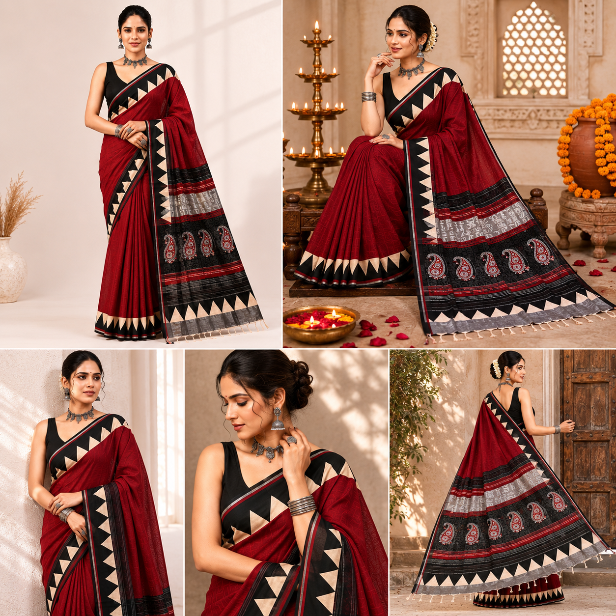 Maroon Red Linen Cotton Saree with Temple Border & Black Paisley Pallu | Handcrafted in Jaipur