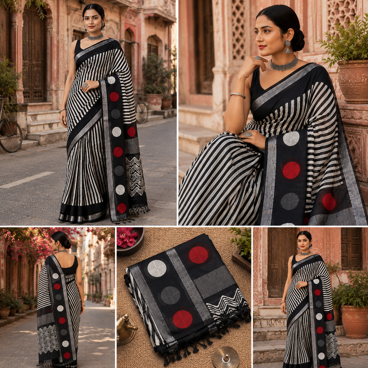 Black & Ivory Striped Linen Cotton Saree with Bold Geometric Disc Pallu | Hand Block Print