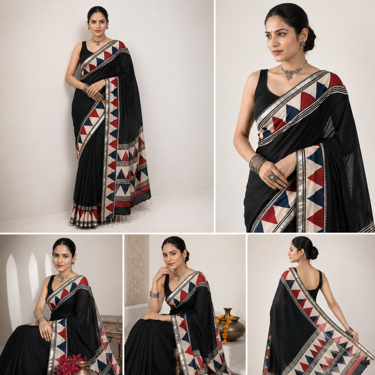 Black Linen Cotton Saree with Tribal Triangle Border & Silver Tissue Edge | Hand Block Print