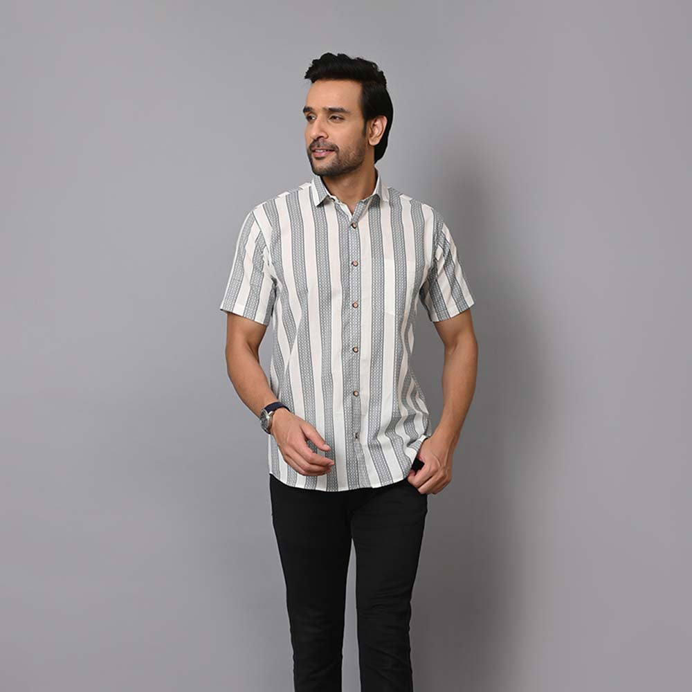 Black And White Stripes Cotton Half Sleeves Shirt