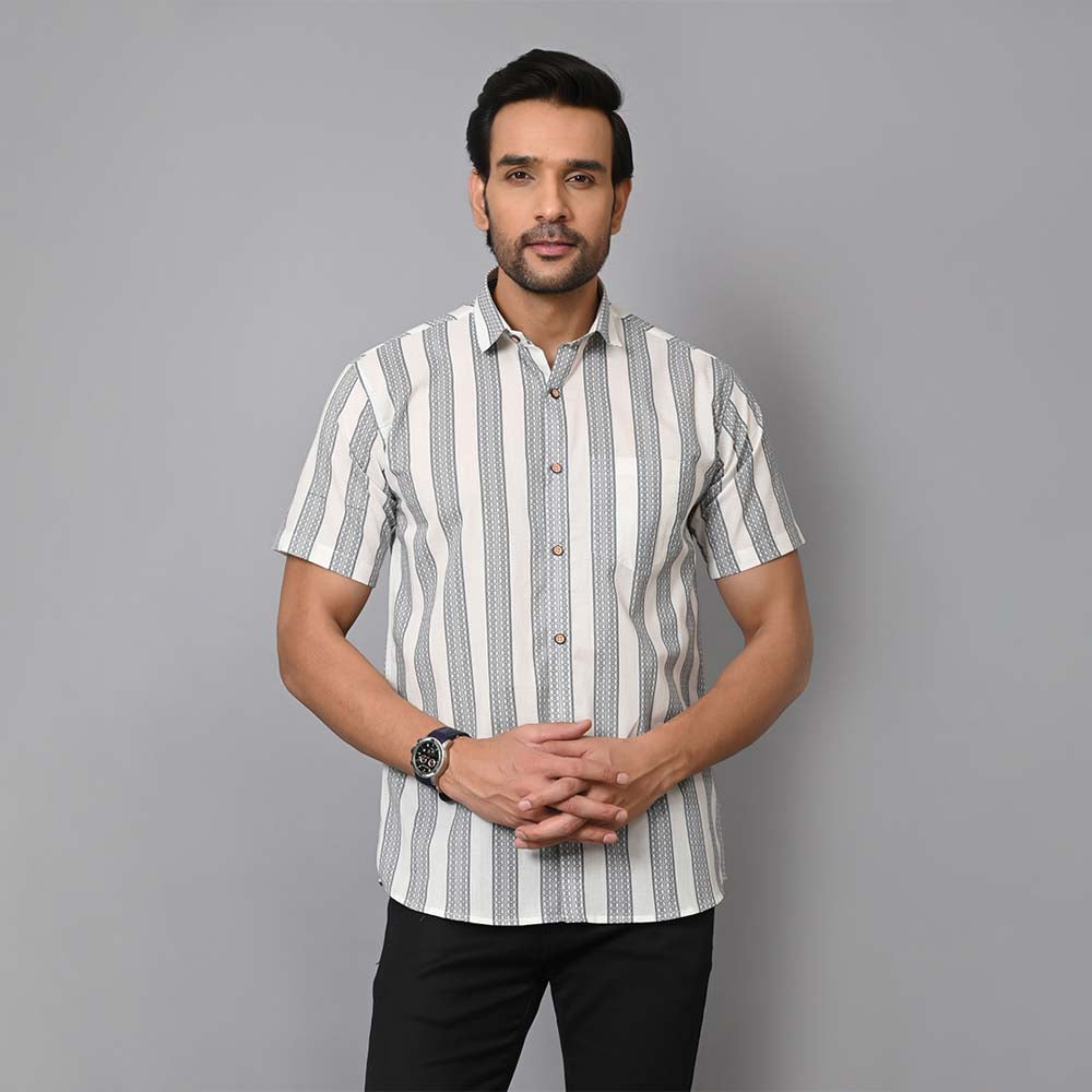 Black And White Stripes Cotton Half Sleeves Shirt