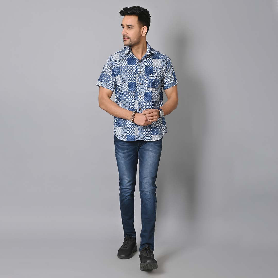 Indigo Blue Patch Work Printed Half Sleeves Shirt.