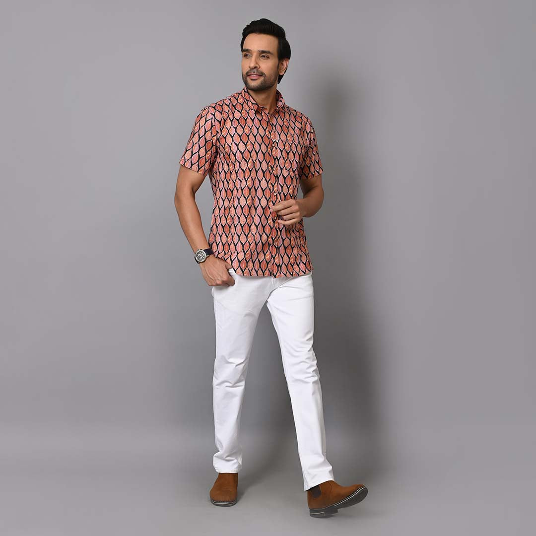 Leaf Printed Cotton Half Sleeves Shirt