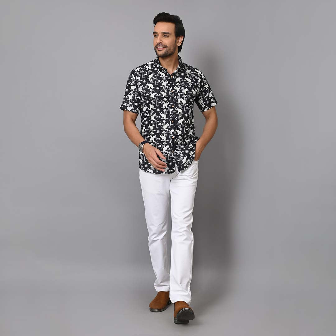 Black Elephant Printed Half Sleeves Shirt