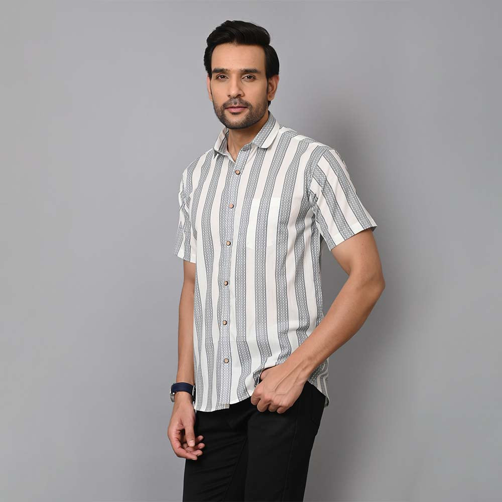 Black And White Stripes Cotton Half Sleeves Shirt
