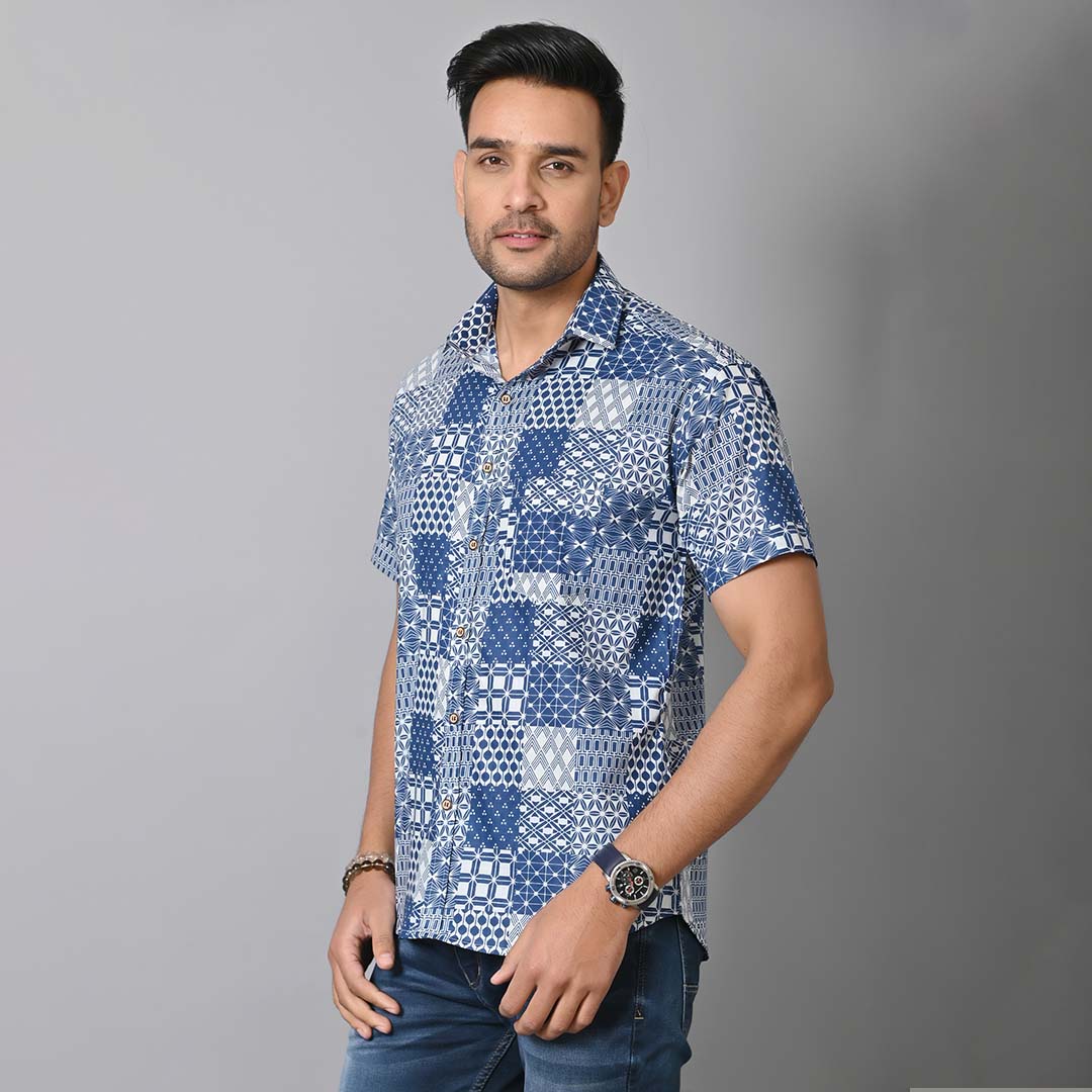 Indigo Blue Patch Work Printed Half Sleeves Shirt.