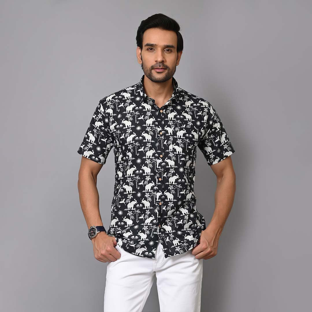 Black Elephant Printed Half Sleeves Shirt