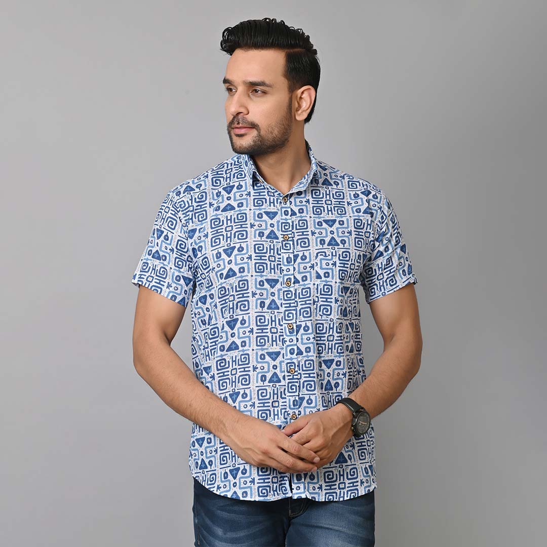 Retro Blue Printed Half Sleeves Shirt