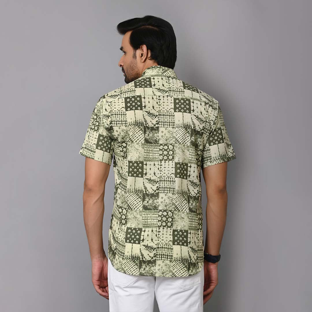 Green Jungle Patch Work Half Sleeves Shirt