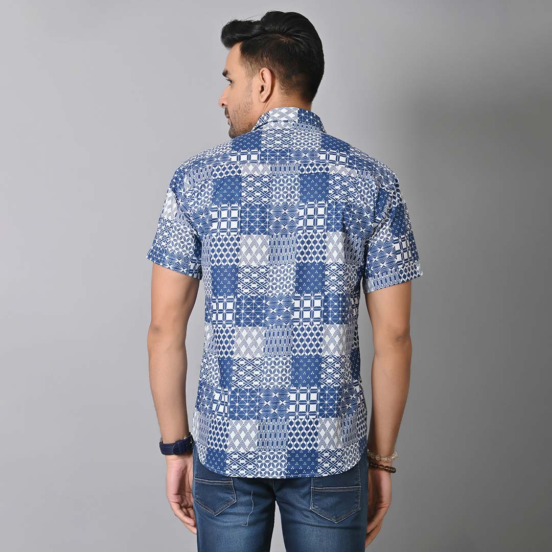 Indigo Blue Patch Work Printed Half Sleeves Shirt.