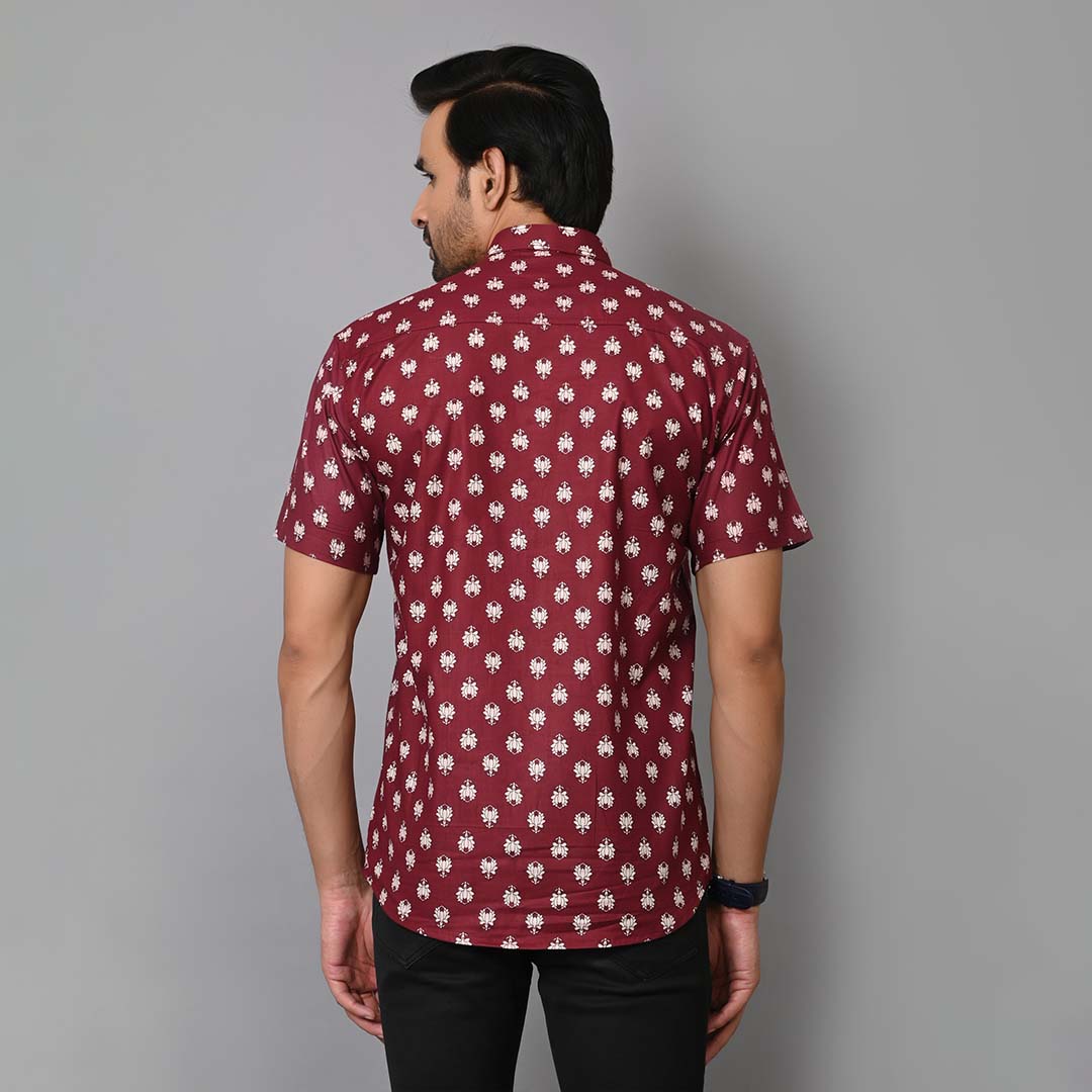 Maroon Petal Printed Half Sleeves Shirt