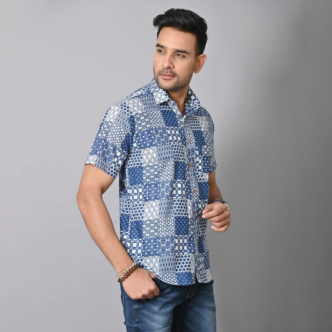Indigo Blue Patch Work Printed Half Sleeves Shirt.